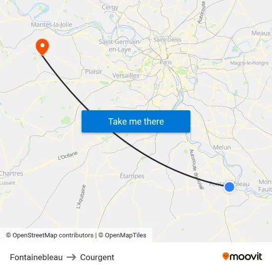 Fontainebleau to Courgent map