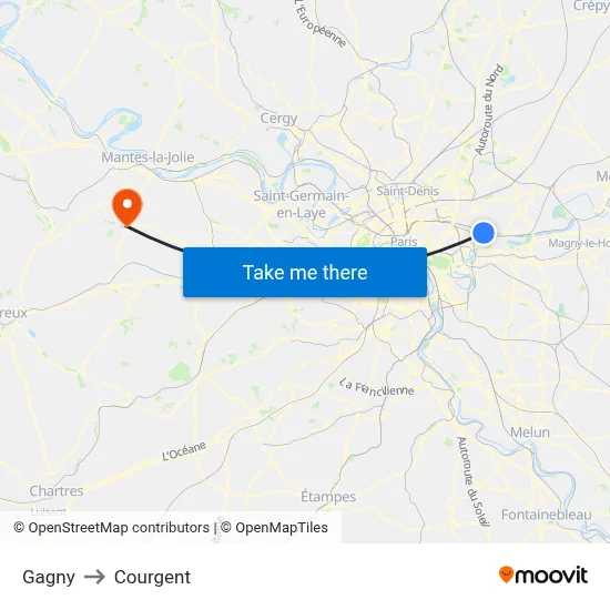 Gagny to Courgent map