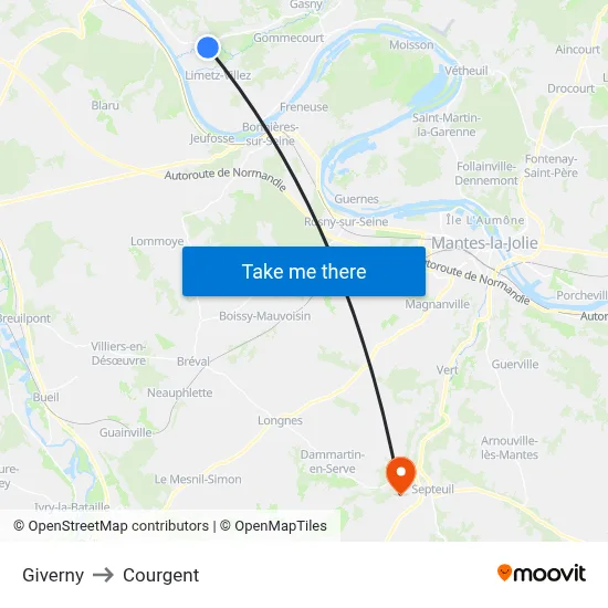 Giverny to Courgent map