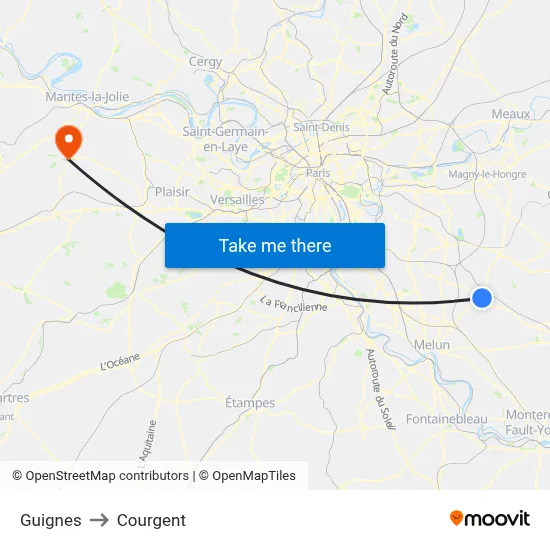 Guignes to Courgent map