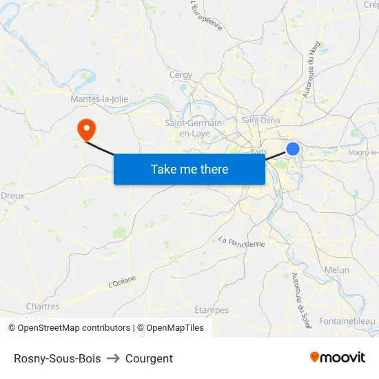 Rosny-Sous-Bois to Courgent map