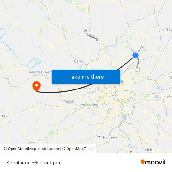 Survilliers to Courgent map
