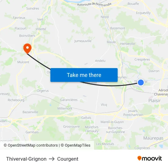 Thiverval-Grignon to Courgent map