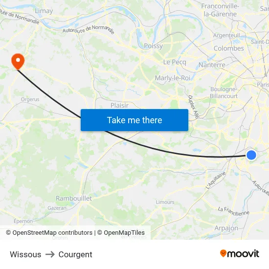Wissous to Courgent map