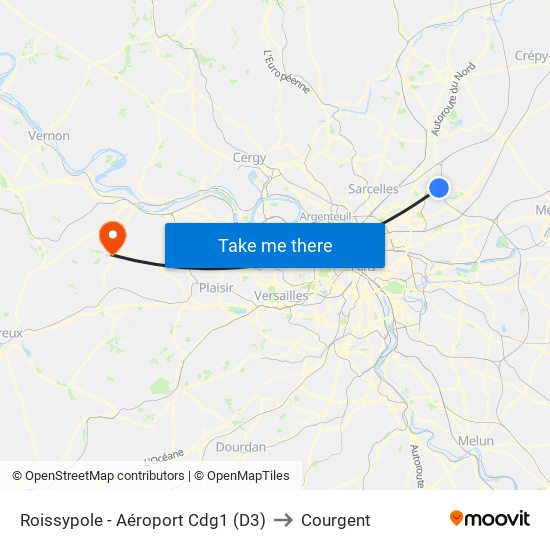 Roissypole - Aéroport Cdg1 (D3) to Courgent map