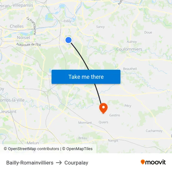 Bailly-Romainvilliers to Courpalay map