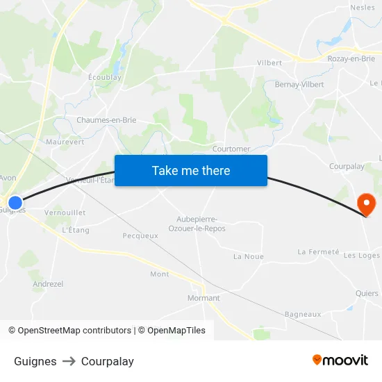 Guignes to Courpalay map