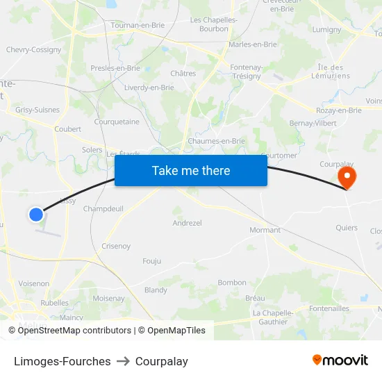 Limoges-Fourches to Courpalay map