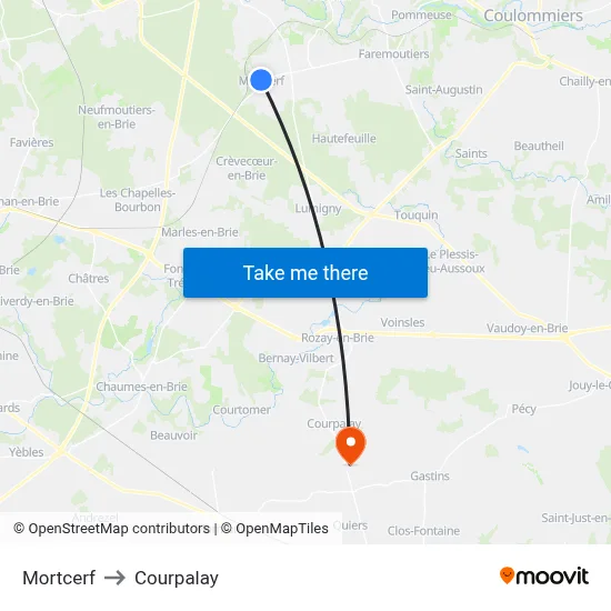 Mortcerf to Courpalay map