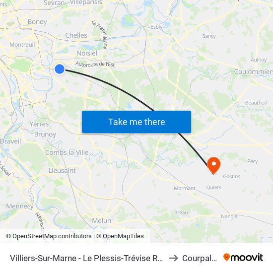 Villiers-Sur-Marne - Le Plessis-Trévise RER to Courpalay map