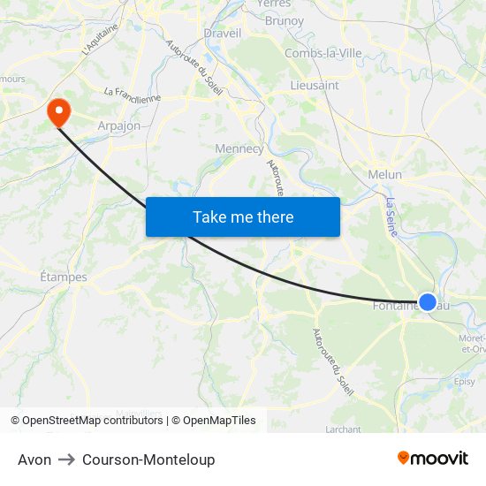 Avon to Courson-Monteloup map
