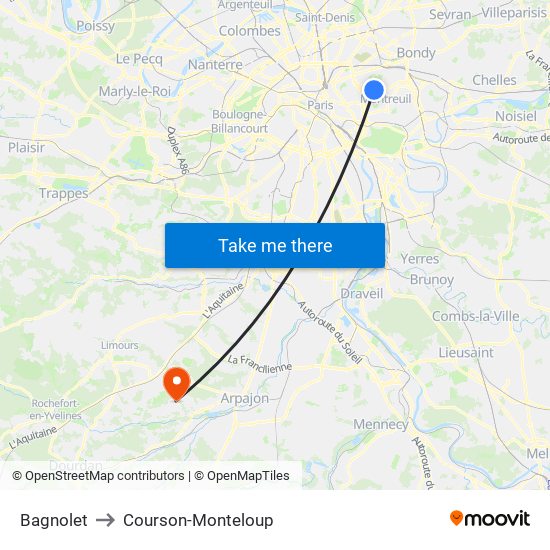 Bagnolet to Courson-Monteloup map