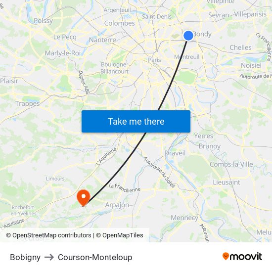 Bobigny to Courson-Monteloup map