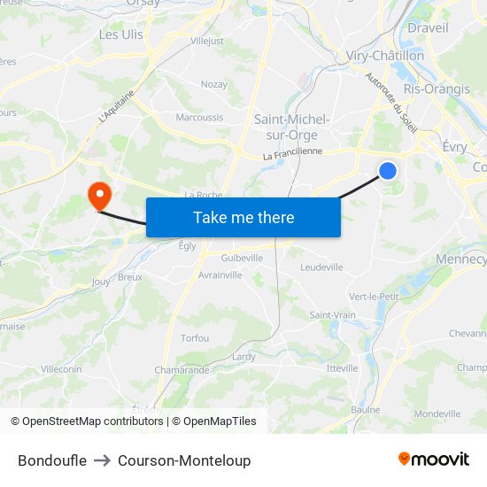 Bondoufle to Courson-Monteloup map