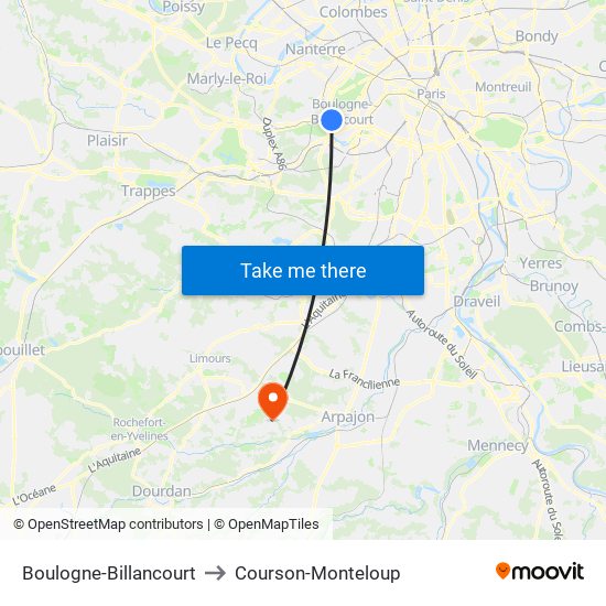 Boulogne-Billancourt to Courson-Monteloup map