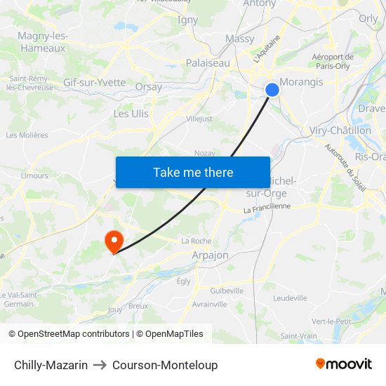 Chilly-Mazarin to Courson-Monteloup map