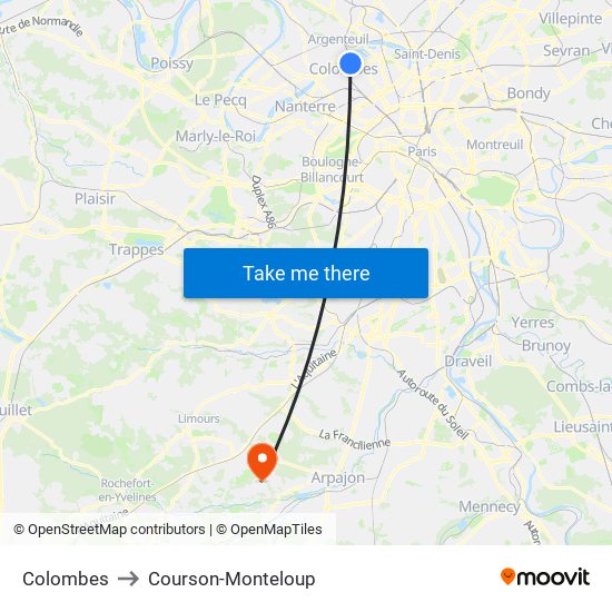 Colombes to Courson-Monteloup map