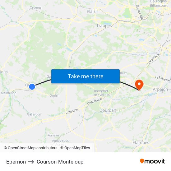 Epernon to Courson-Monteloup map