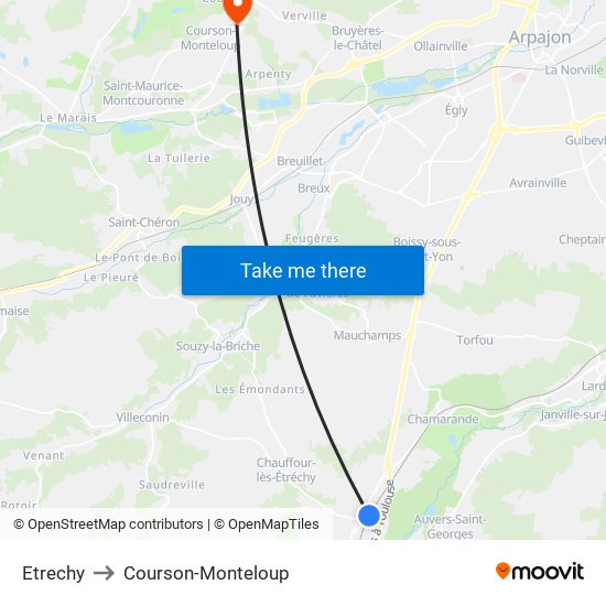 Etrechy to Courson-Monteloup map