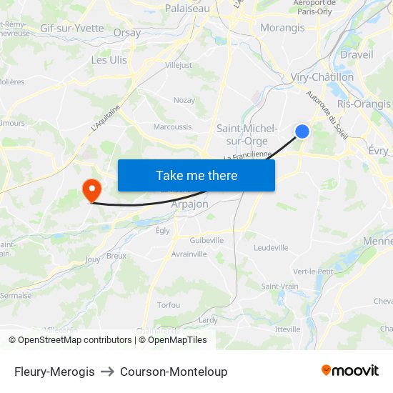 Fleury-Merogis to Courson-Monteloup map