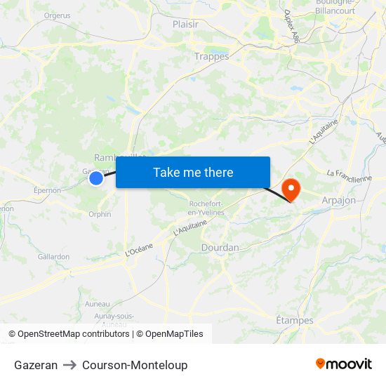 Gazeran to Courson-Monteloup map