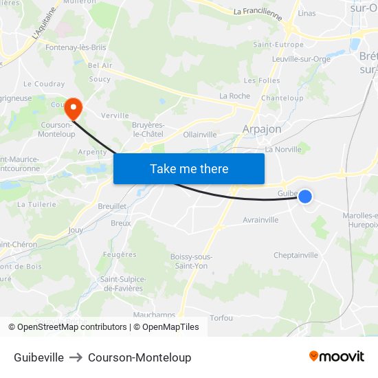 Guibeville to Courson-Monteloup map