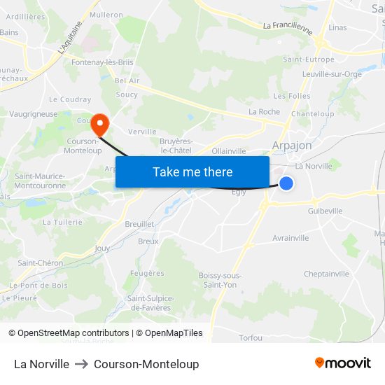La Norville to Courson-Monteloup map