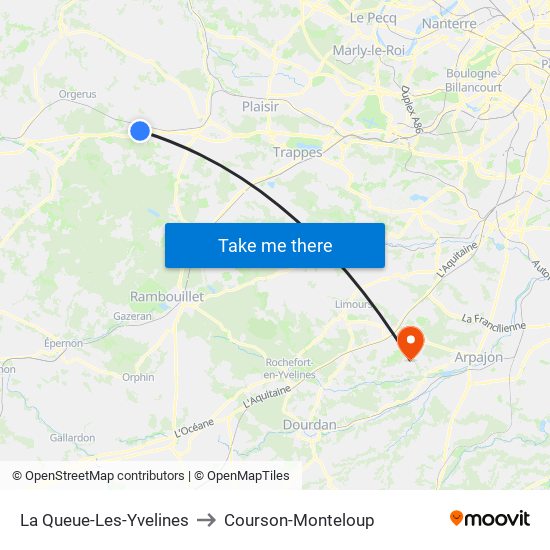 La Queue-Les-Yvelines to Courson-Monteloup map