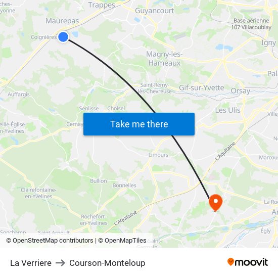 La Verriere to Courson-Monteloup map