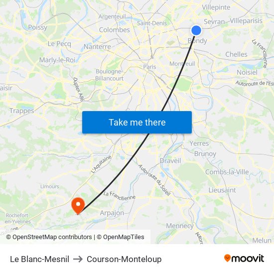 Le Blanc-Mesnil to Courson-Monteloup map