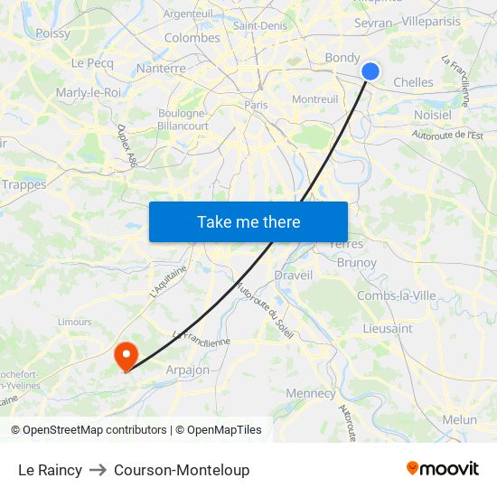 Le Raincy to Courson-Monteloup map