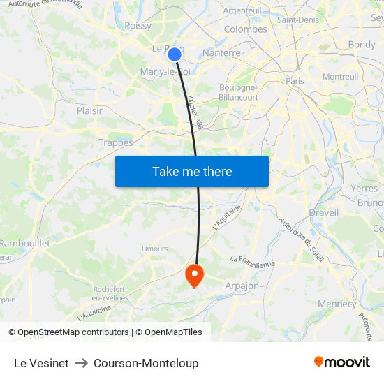Le Vesinet to Courson-Monteloup map