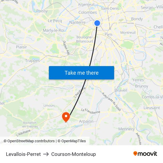 Levallois-Perret to Courson-Monteloup map
