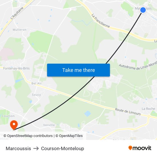 Marcoussis to Courson-Monteloup map