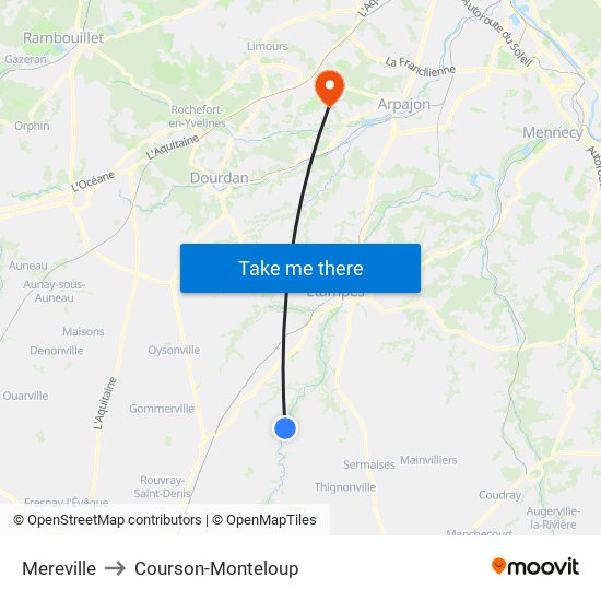 Mereville to Courson-Monteloup map