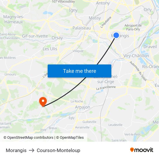Morangis to Courson-Monteloup map