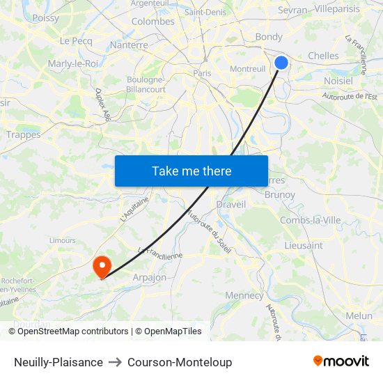 Neuilly-Plaisance to Courson-Monteloup map