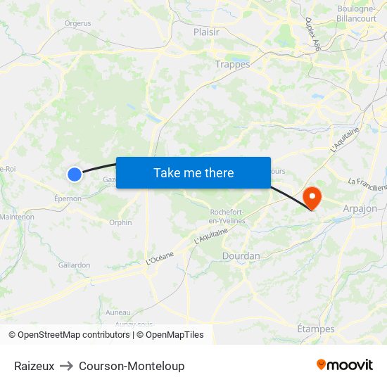 Raizeux to Courson-Monteloup map