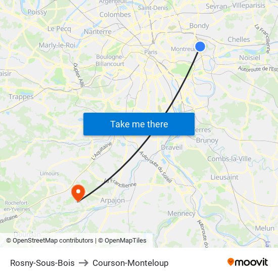 Rosny-Sous-Bois to Courson-Monteloup map