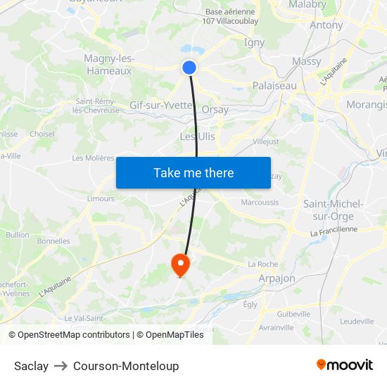 Saclay to Courson-Monteloup map