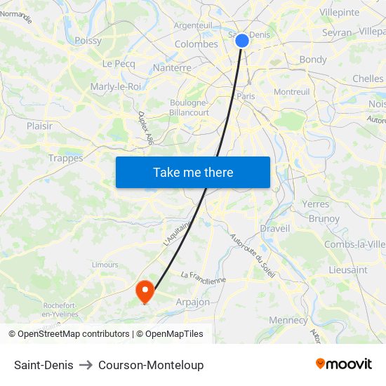 Saint-Denis to Courson-Monteloup map