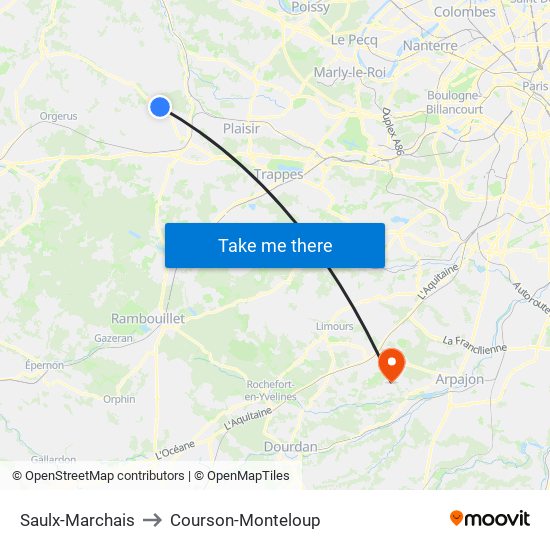 Saulx-Marchais to Courson-Monteloup map