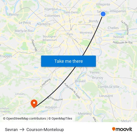 Sevran to Courson-Monteloup map