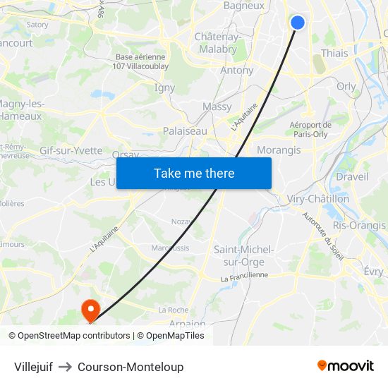 Villejuif to Courson-Monteloup map