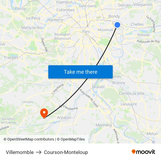 Villemomble to Courson-Monteloup map