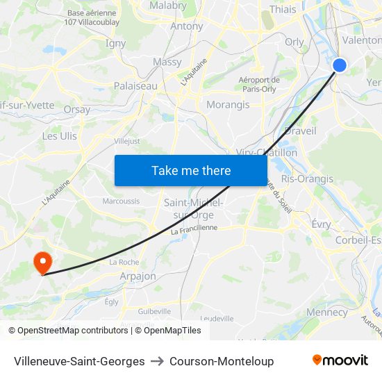 Villeneuve-Saint-Georges to Courson-Monteloup map