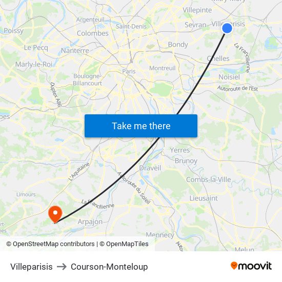 Villeparisis to Courson-Monteloup map