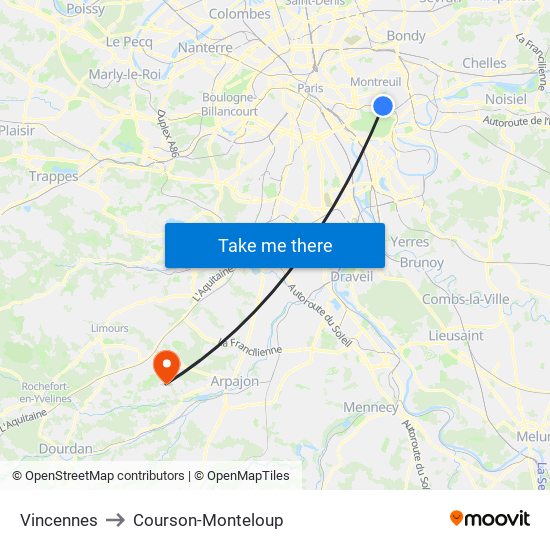 Vincennes to Courson-Monteloup map