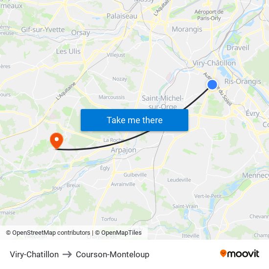 Viry-Chatillon to Courson-Monteloup map