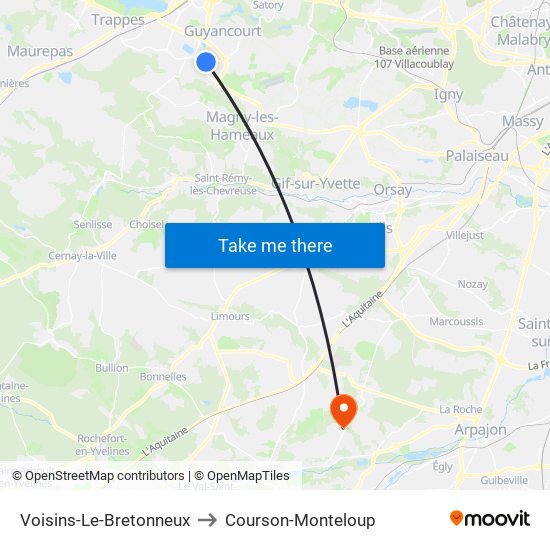 Voisins-Le-Bretonneux to Courson-Monteloup map